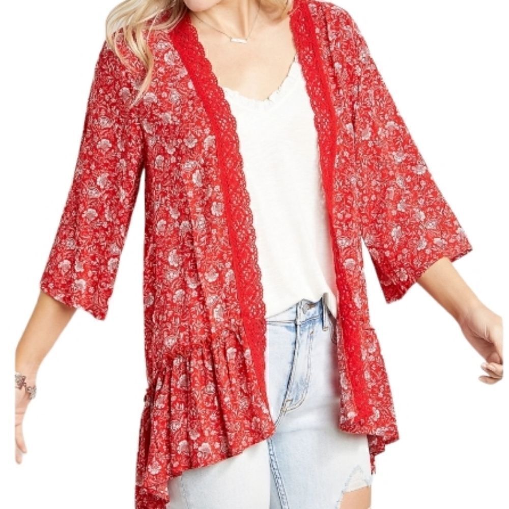EC MAURICES RED FLORAL CROCHET TRIM KIMONO SZ. XS